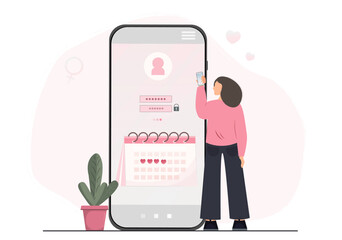 Mobile app with personal period calendar, calendar for menstruation control and pregnancy planning, woman with mobile phone scheduling period with marked days, women cycle tracker, vector illustration