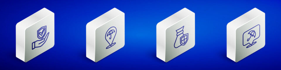 Set Isometric line Shield in hand, Umbrella, Money bag with shield and icon. Vector