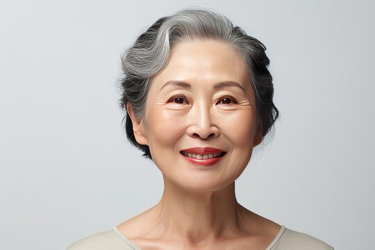 Close-up portrait of a stylish beautiful Asian woman in her 50s. Skin care concept. Luxurious middle-aged woman with a short gray hairdo looks at the camera.