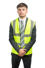Man in a suit wearing a hi-vis vest