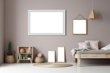 Kids room with different blank painting frames. (Generative AI)