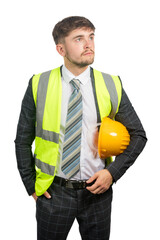 Man in a suit wearing a hi-vis vest