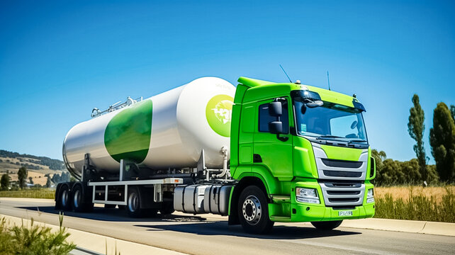 Logistic hydrogen tank on semi trailer truck out for deliver. Truck transporting gas or green hydrogen. 