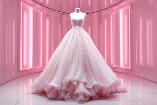One exclusive designer Pink white wedding dress Made of Chiffon stand In the exhibition hall on a mannequin. 3d render illustration style.