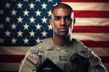 Soldier poses with gun before USA flag. Conceptual July 4th portrait