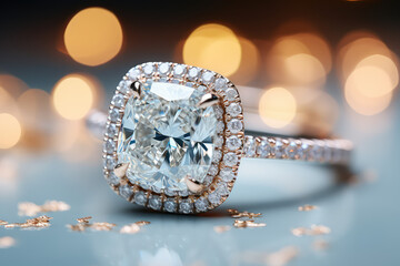 Fototapeta premium Wedding concept, closeup of beautiful diamond engagement cushion cut ring, commercial style banner.