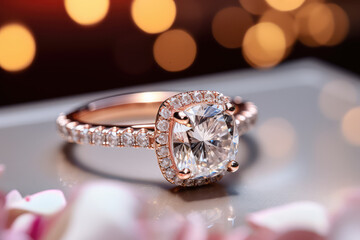 Wedding concept, closeup of beautiful diamond engagement cushion cut ring, commercial style banner.
