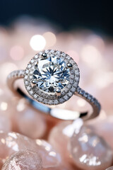 Wedding concept, closeup of beautiful diamond engagement cushion cut ring, commercial style vertical banner.