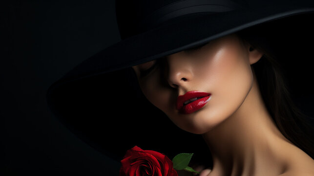 Belo retrato de mulher com chap&eacute;u cobrindo os olhos, l&aacute;bios com batom vermelho e rosa vermelha, vestido preto cl&aacute;ssico com decote profundo