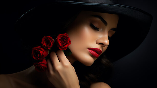 Belo retrato de mulher com chap&eacute;u cobrindo os olhos, l&aacute;bios com batom vermelho e rosa vermelha, vestido preto cl&aacute;ssico com decote profundo