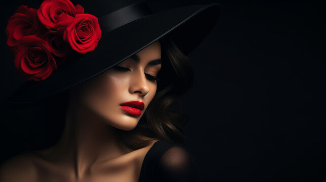 Belo retrato de mulher com chap&eacute;u cobrindo os olhos, l&aacute;bios com batom vermelho e rosa vermelha, vestido preto cl&aacute;ssico com decote profundo