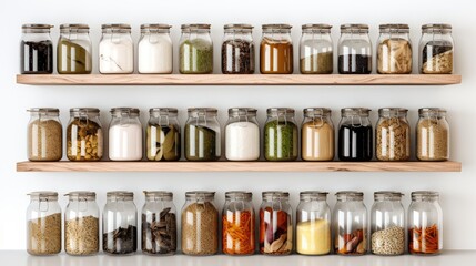 shelves of glass spice jars in pantry isolated on white  generative AI - obrazy, fototapety, plakaty