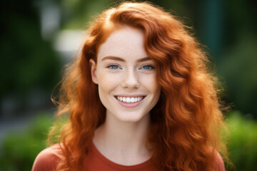 Naklejka premium Ginger beauty: Clean smile, trendy hair, white background.