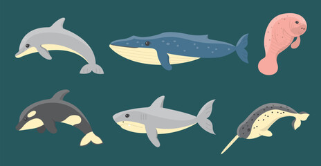 Set of sea fishes under sea in cartoon style vector