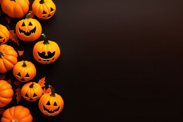 Spooky Halloween flat lay: pumpkins, skulls on dark backdrop. Autumn holiday theme, top view, copy space.