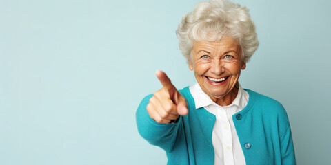 illustration of a happy, smiling, mature classy fashionable Caucasian woman, pointing finger to the side - on light gray background with copy space
