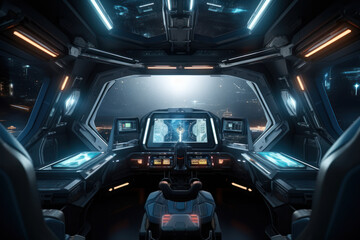 Spacecraft cockpit: futuristic interior, advanced control panels, epitomizing space travel tech.