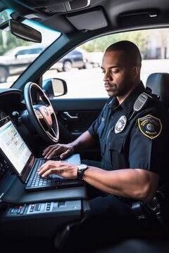 shot of a police officer using a laptop in his car