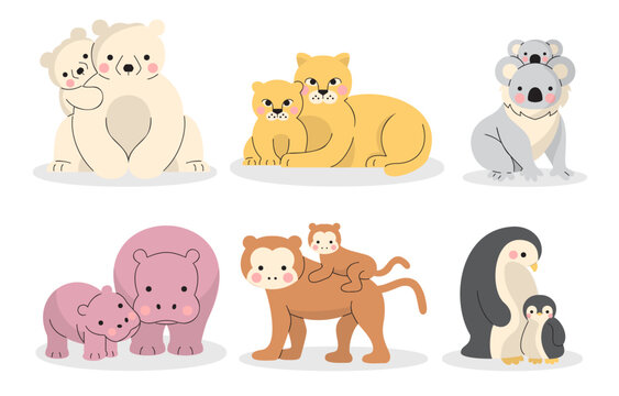 Cute various animal family drawing cartoon characters vector
