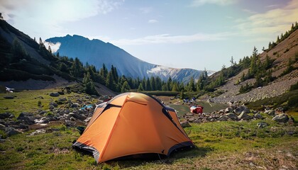 tent in the mountains, serene camping scene at dusk featuring a glowing tent set beside a tranquil lake, under a starry sky with misty mountains in the background