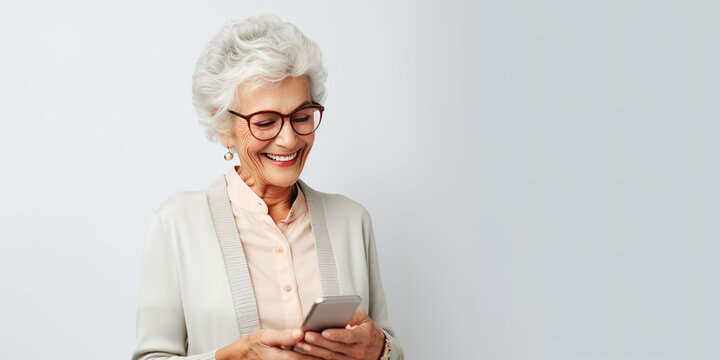 illustration of a happy, smiling, mature fashionable Caucasian woman using a smartphone - on light gray background with copy space