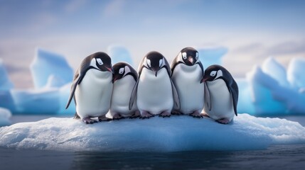 penguins huddling together on ice floe generative AI - obrazy, fototapety, plakaty