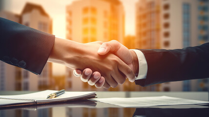 close up of hands shaking hands with partners to sign contracts business investment about real estate. generative AI