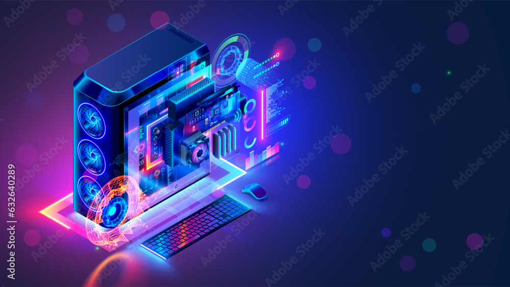 Poster Gaming computer upgrade or repair. Modern power PC in dark with neon lights of CPU, coolers, RAM boards. Configuration or repair of hardware of desktop gaming computer. Computer repair services.