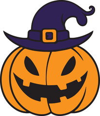 Cartoon Halloween pumpkin in a witch hat, Halloween pumpkins, Vector illustration, SVG