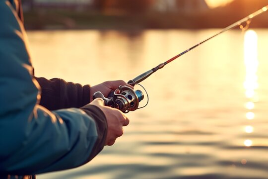 Fisherman Hand Holding Fishing Rod Near Water, Generative Ai