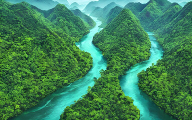 beautiful natural scenery of the river in the tropical green forest of southeast asia with mountains. tropical green forest with mountains and a river in the background. drone aerial view. generative 