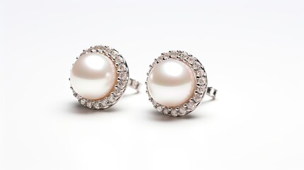 modern pearl and diamond stud earrings isolated on a white background generative AI