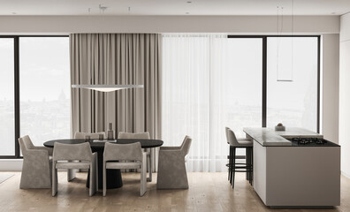 Wooden beige livingroom interior with black dining table and lamp. Minimalism Japanese natural room on parquet floor. Large window with countryside. 3d rendering. High quality 3d illustration