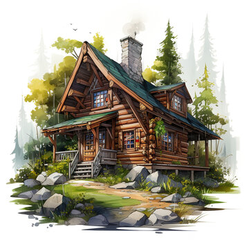 Illustration of wooden cabin in the woods isolated on white background. Surrounded by nature and built on rocky ground.