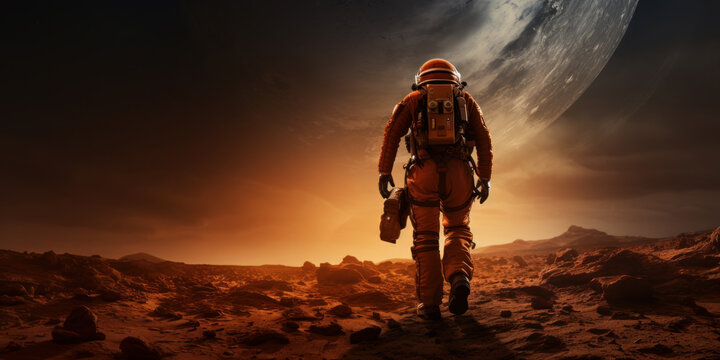 Astronaut on planet Mars. Habitable world and colonization concept. Generative AI