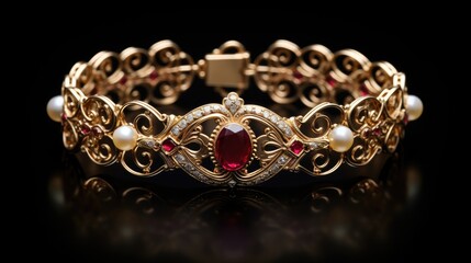 renaissance-style ruby and pearl bracelet in gold isolated on a black background generative AI