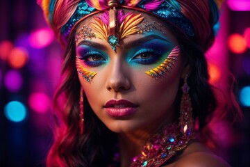 Obraz premium Enchanting Neon Gaze: Mesmerizing Fantasy Art Makeup - Perfect for Cosmetic Brands & Salons. Eye-catching & Unique