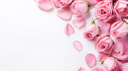 Decorative web banner. Close up of blooming pink roses flowers and petals isolated on white table background. Floral frame composition. Empty space, flat lay, top view - obrazy, fototapety, plakaty