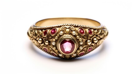 renaissance-style ruby and pearl ring in gold isolated on a white background generative AI