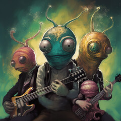 3 anthropomorphic space snails playing the guitar, funny illustration ufo ovni. Generative AI