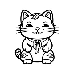 Fototapeta na wymiar Vector illustration isolated on white kawaii asian cat. Neko with one hand up. Lucky cat Maneki Neko Outline Icon coloring book black line