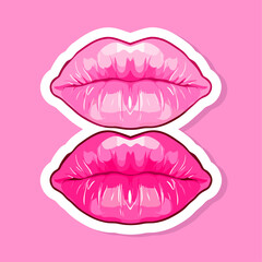 Glossy colored and sexy pink lips. Vector illustration isolated on white background. Hot girl kiss sticker lips with pink lipstick glamour barbie style	