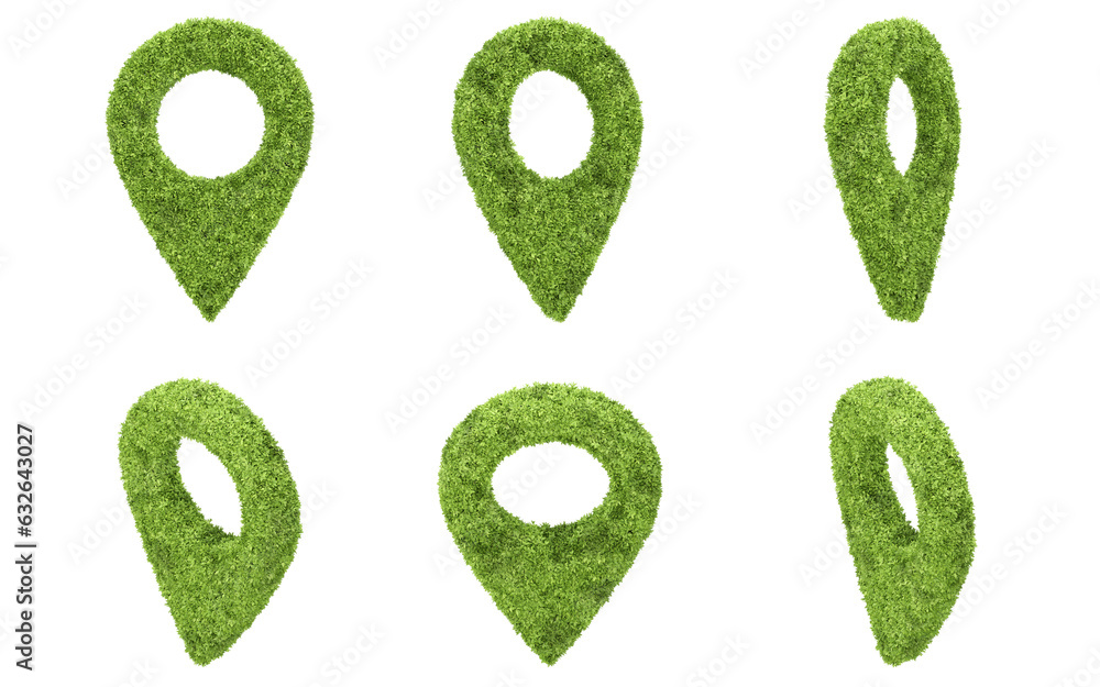 Aufkleber map pointer-shaped garden bush. 3d rendering of isolated objects.