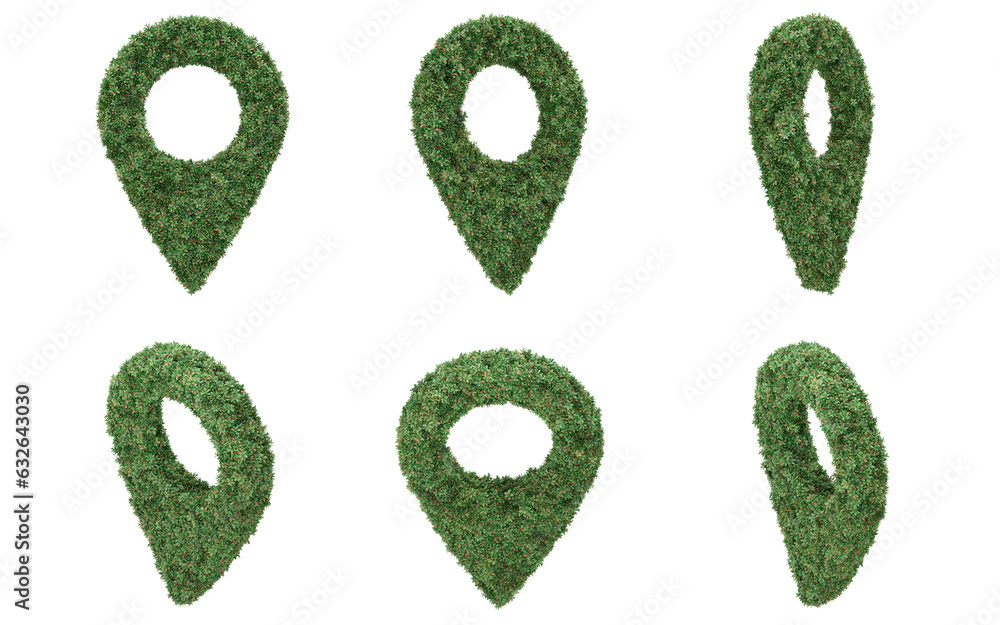 Aufkleber map pointer-shaped garden bush. 3d rendering of isolated objects.