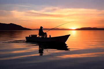 Fisherman on a boat at sunrise, serene hobby time, generative ai