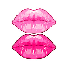 Glossy colored and sexy pink lips. Vector illustration isolated on white background. Hot girl kiss sticker lips with pink lipstick glamour barbie style barbiecore