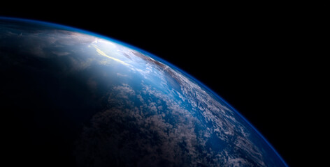 Planet Earth view from space, visible atmosphere and sun reflected from surface.