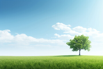 Fototapeta na wymiar Green grass field and tree on blue sky background. Nature landscape.