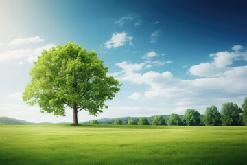 Fototapeta na wymiar Green tree in the field against blue sky with clouds.