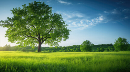 Fototapeta premium Green meadow and big tree with blue sky. Nature background.